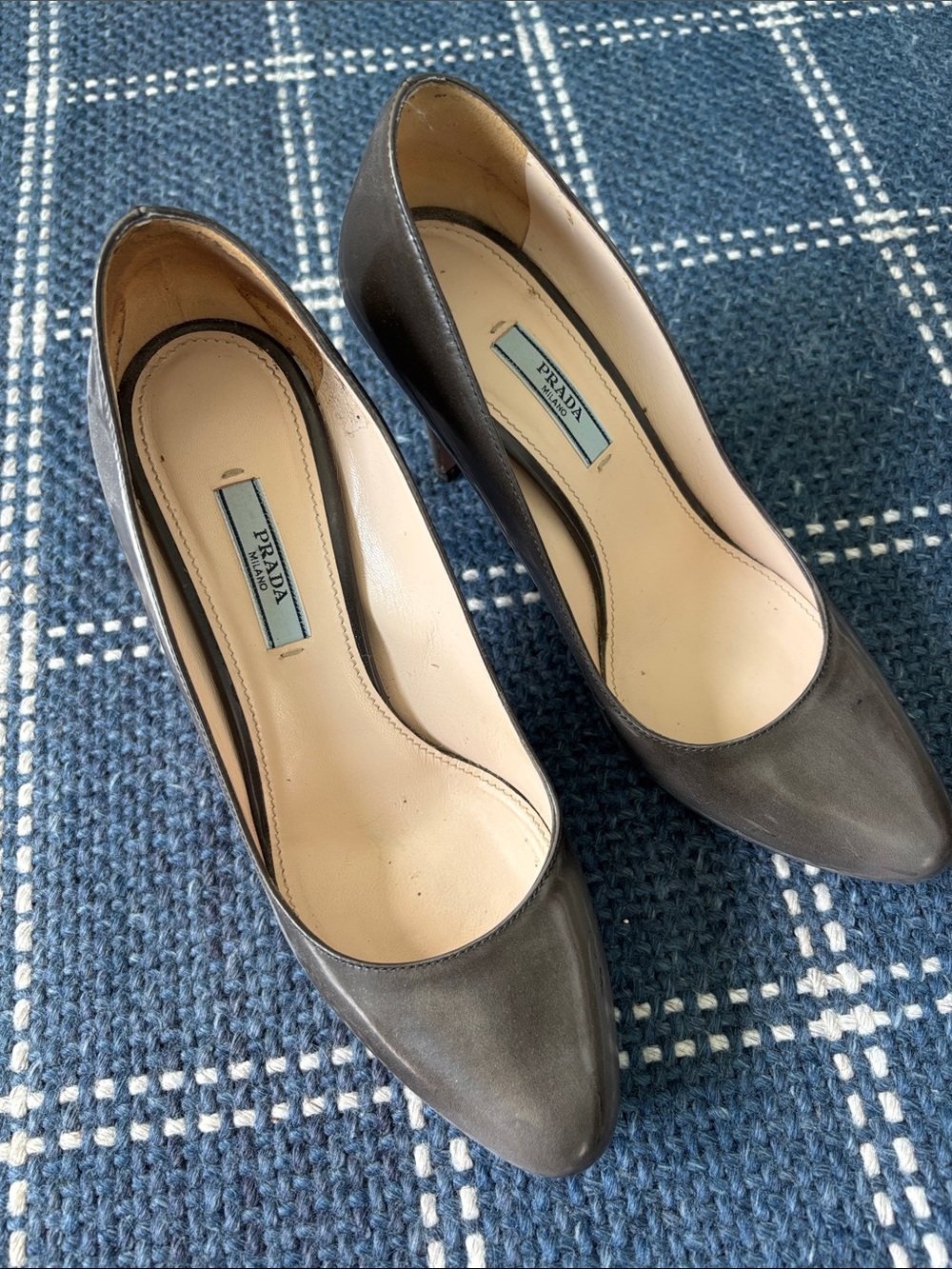 Prada Gray Leather Pointed-Toe Pumps